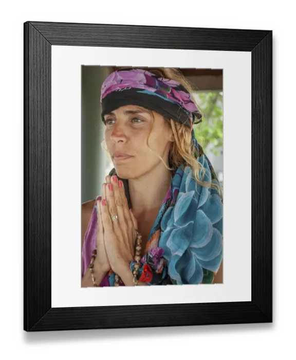 Framed Print : Portrait of a woman clasping hands and wearing a bandana Framed Print : Portrait of a woman clasping hands and wearing a bandana