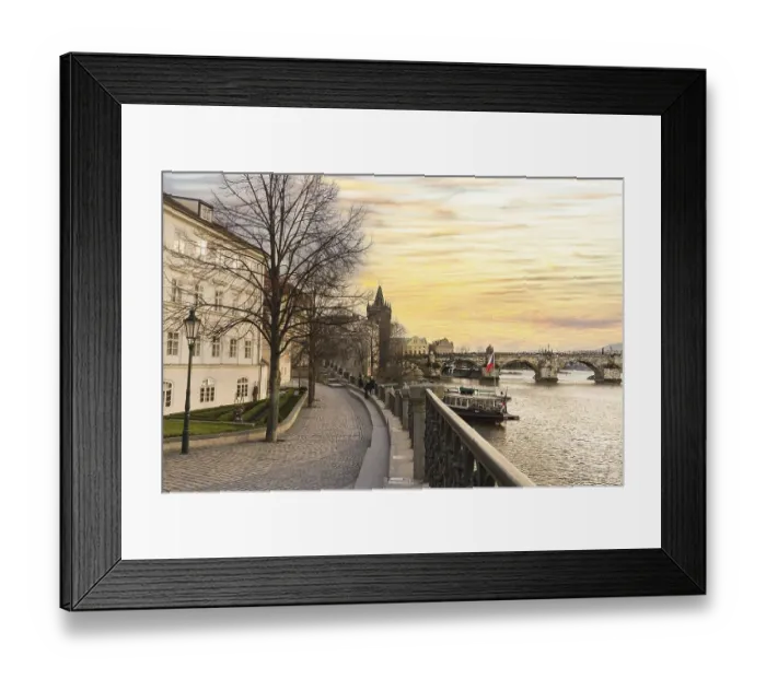 Framed Print : Scenic view of Charles Bridge and Moldava river at sunset in Prague