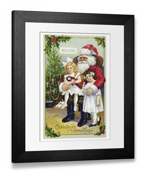Framed Print : Historical Christmascard, Father Christmas with two girls in front of Christmas tree