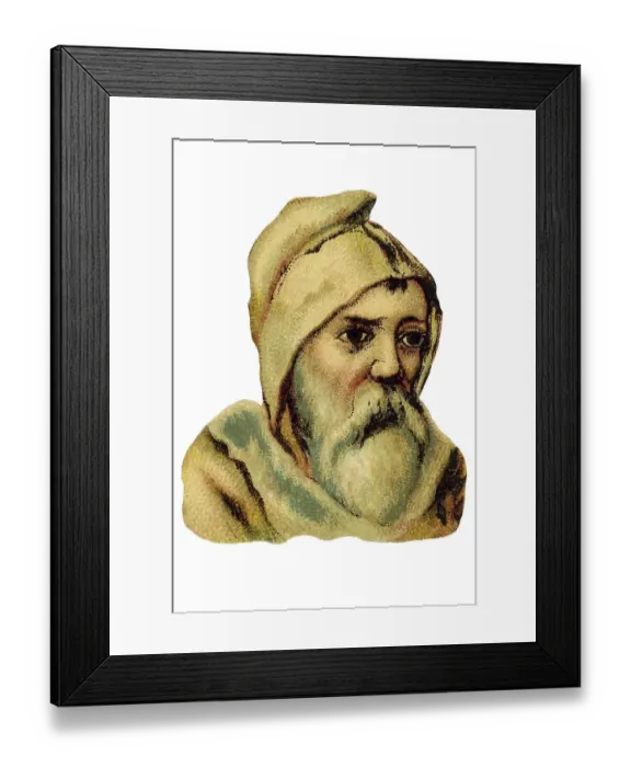 Framed Print : Nostalgic illustration, old Father Christmas head with a brown hood and beard looking sad