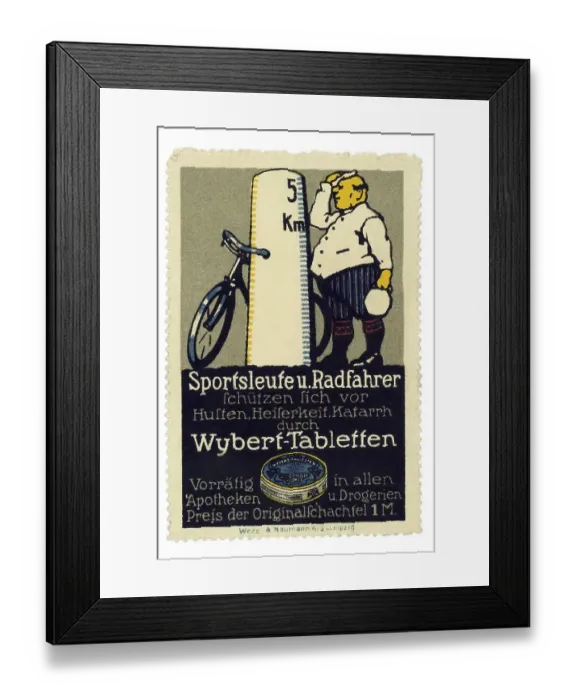 Framed Print : German trading stamp, Sportsleute und Radfahrer schuetzen sich vor Husten