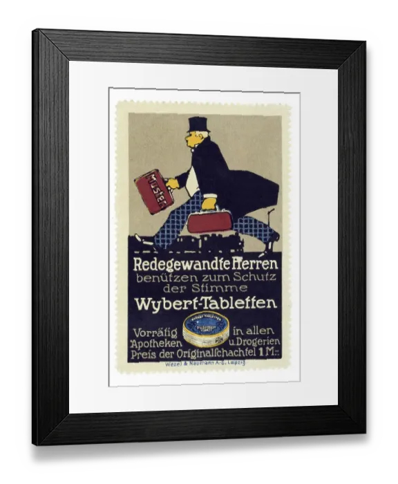 Framed Print : German trading stamp, Redegewandte Herren benuetzen zum Schutz der Stimme Wybert-Tabletten