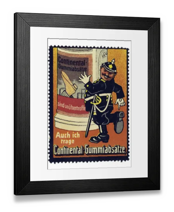 Framed Print : German trading stamp, Continental der Gummiabsaetze sind unuebertroffen