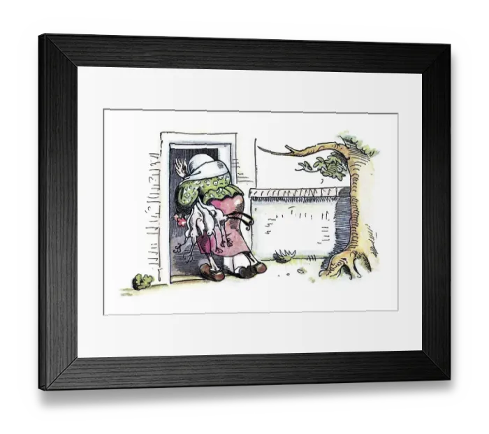 Framed Print : Book illustration, widow Bolte carrying dead chickens into her house