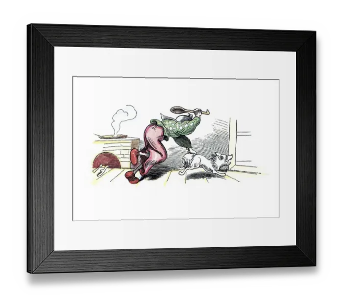 Framed Print : Book illustration, widow Bolte hitting her dog Spitz because of the chickens Framed Print : Book illustration, widow Bolte hitting her dog Spitz because of the chickens