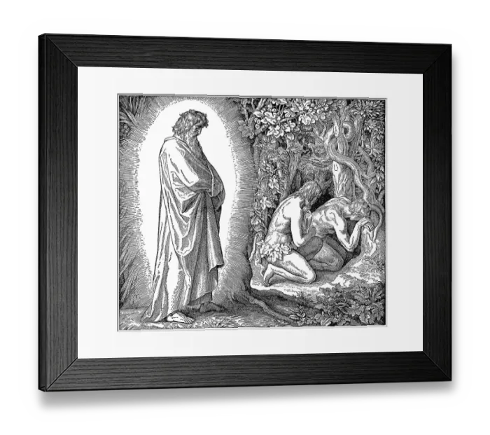 Framed Print : Woodcut, God, Adam and Eve, snake Framed Print : Woodcut, God, Adam and Eve, snake