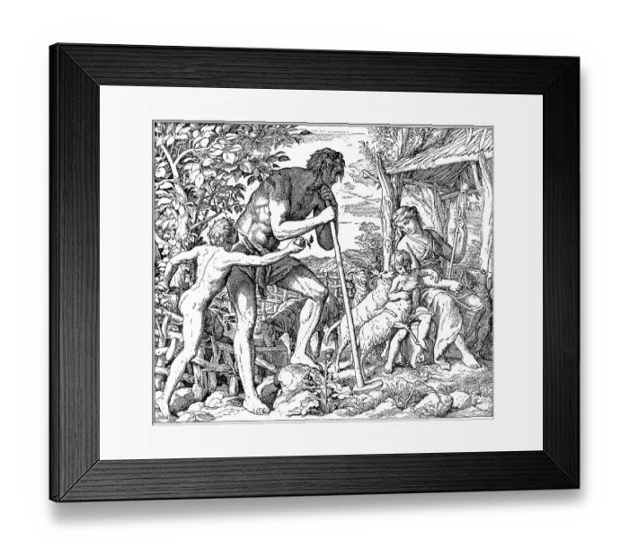 Framed Print : Woodcut, Adam and Eve during work on earth by the sweat of their brows Framed Print : Woodcut, Adam and Eve during work on earth by the sweat of their brows