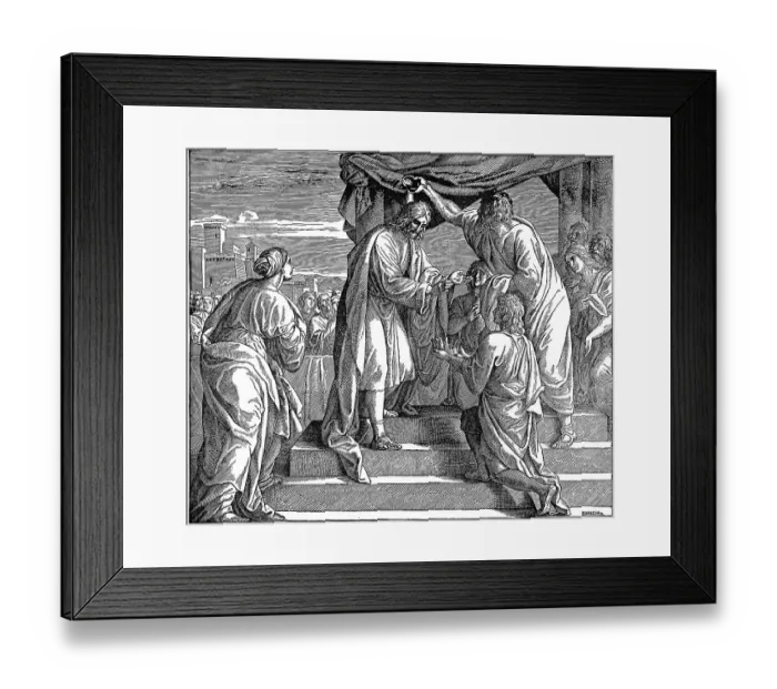 Framed Print : Woodcut, David becomes king of the Tribe of Judah