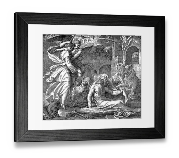 Framed Print : Woodcut, Daniel in the lions den