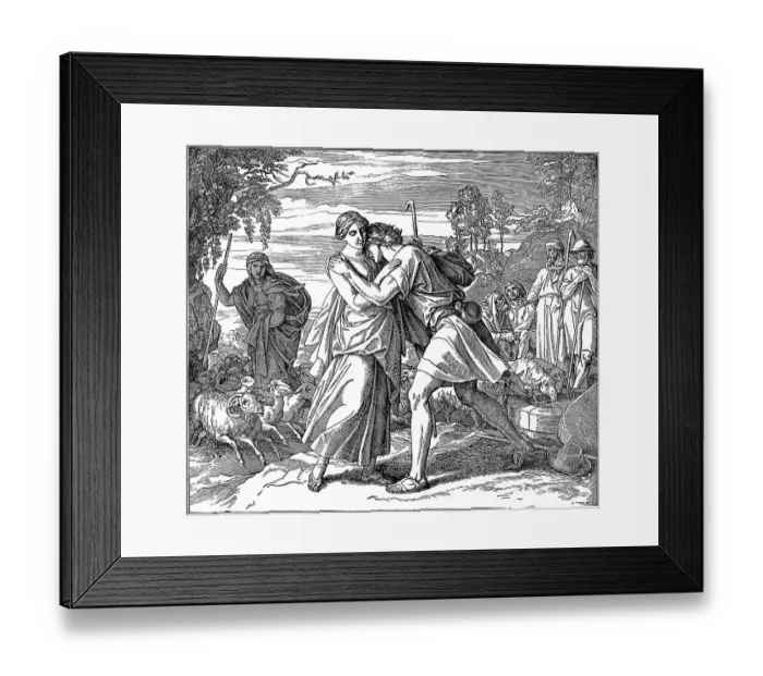 Framed Print : Woodcut, Jacob and Rachel at the fountain