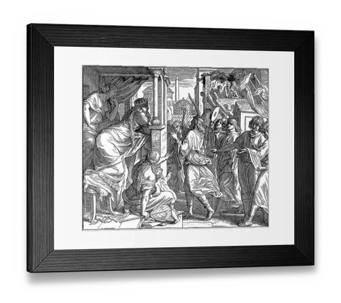 Framed Print : Woodcut, David is taunted by Michal