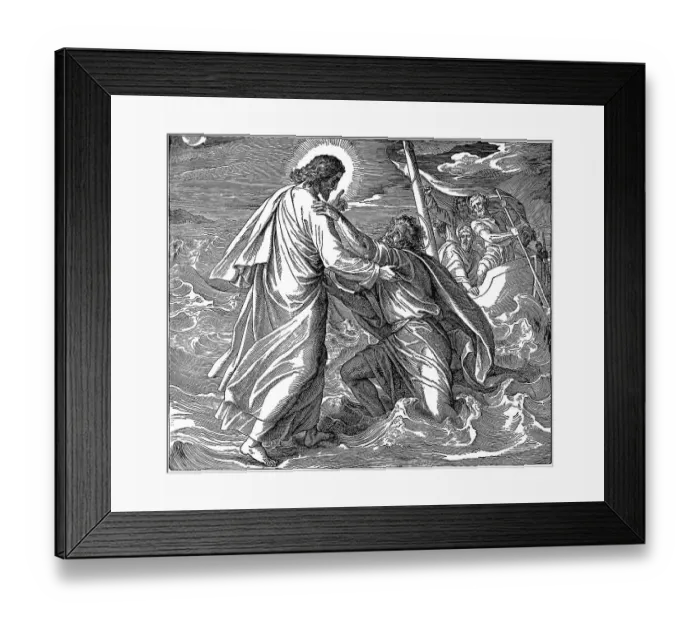 Framed Print : Woodcut, Jesus holds the sinking Peter