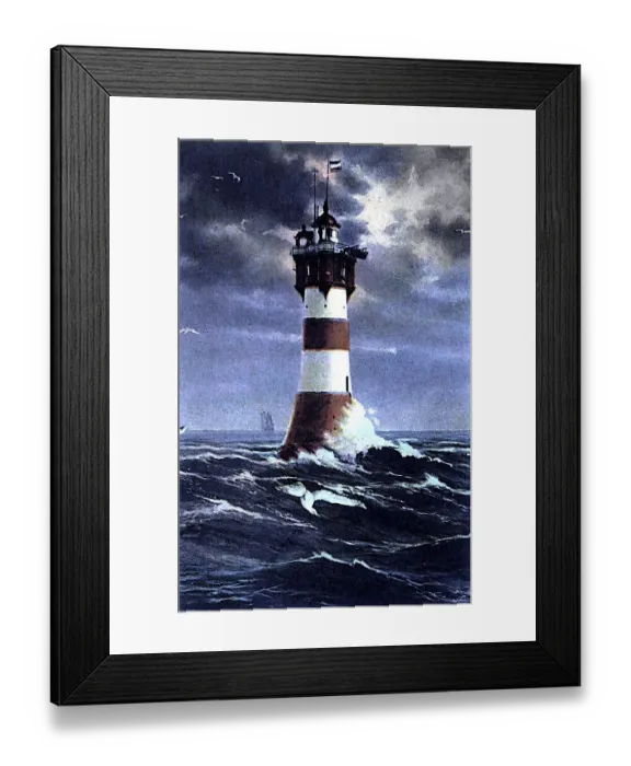 Framed Print : Lighthouse, Rotesandleuchtturm in front of the mouth of Weser River in a storm