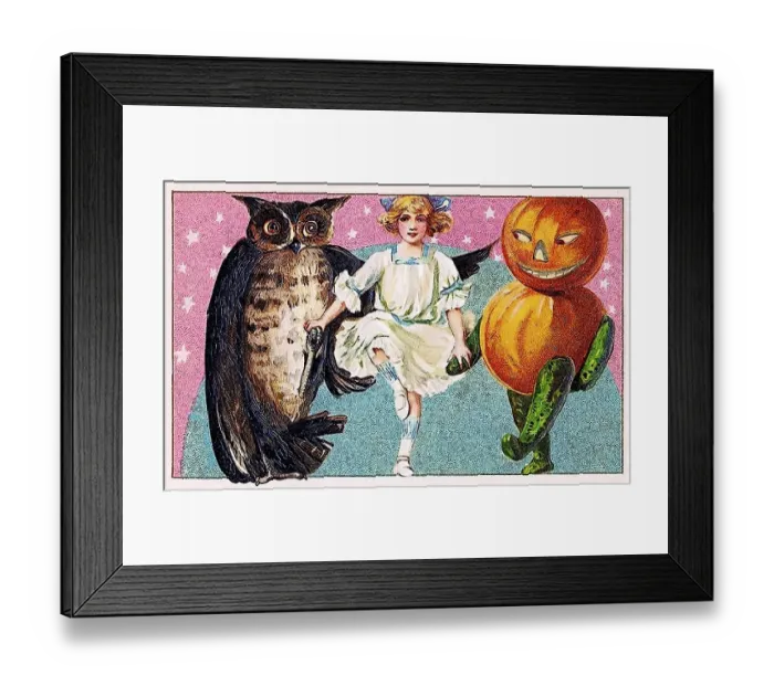 Framed Print : Girl dances with owl and pumpkin figure Framed Print : Girl dances with owl and pumpkin figure