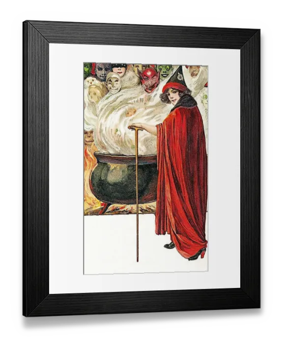 Framed Print : Pretty witch, cauldron, faces, masks