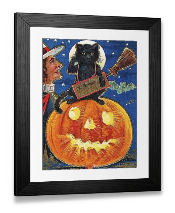 Framed Print : Witch and black cat sitting on a carved pumpkin or Jack-o-lantern Framed Print : Witch and black cat sitting on a carved pumpkin or Jack-o-lantern