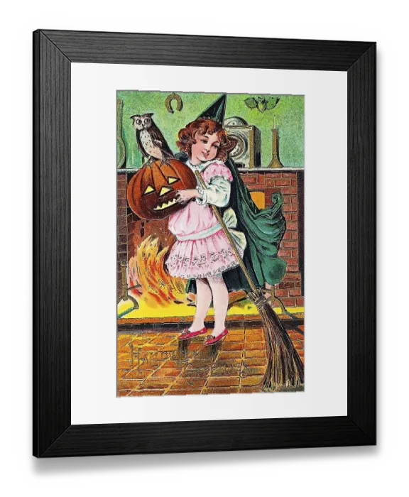 Framed Print : Little girl with pumpkin, Halloween, illustration Framed Print : Little girl with pumpkin, Halloween, illustration