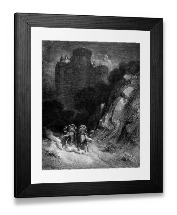 Framed Print : Bluebeard, two men riding on horses to a dark castle Framed Print : Bluebeard, two men riding on horses to a dark castle
