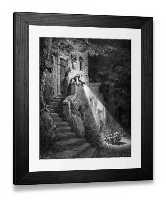 Framed Print : The Tom Thumb, night, house, woman shines light on the lonely children