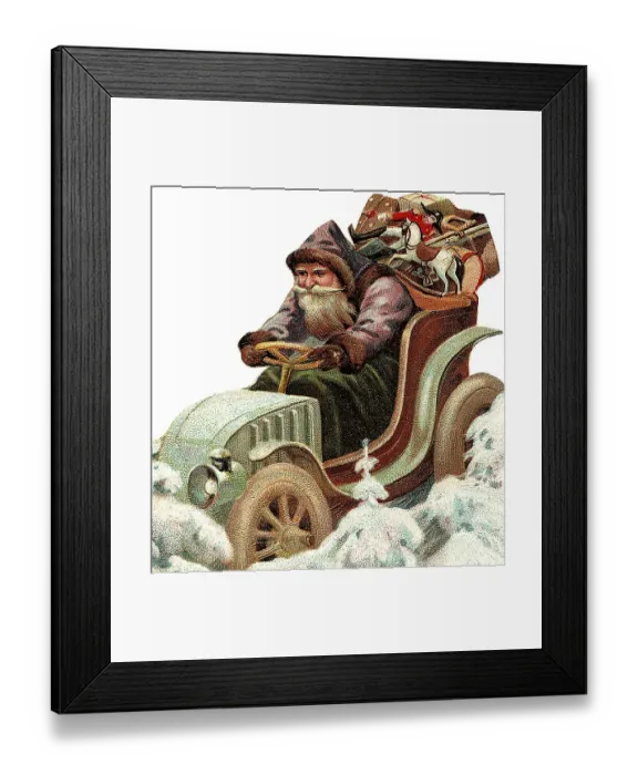 Framed Print : Santa driving a car and bringing gifts Framed Print : Santa driving a car and bringing gifts