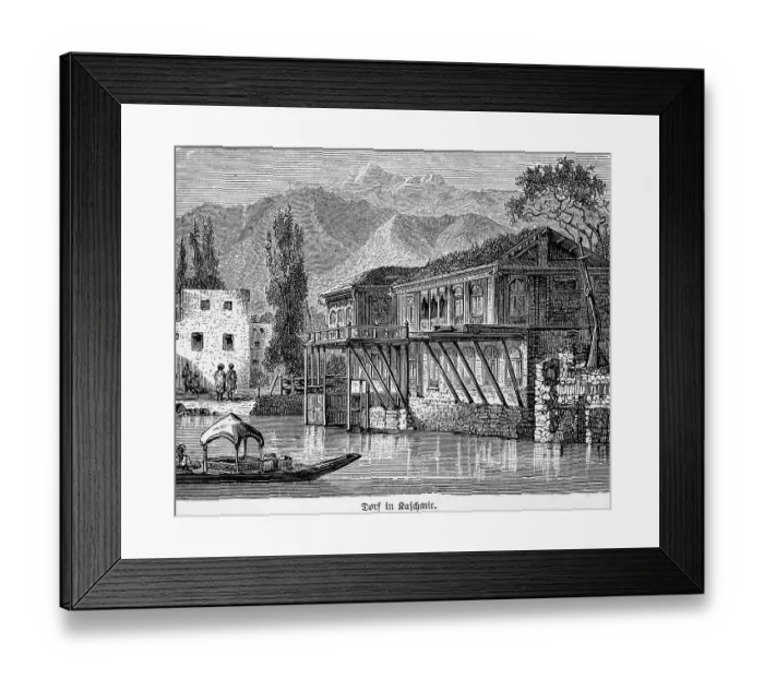 Framed Print : Kashmir, village view, pile dwelling