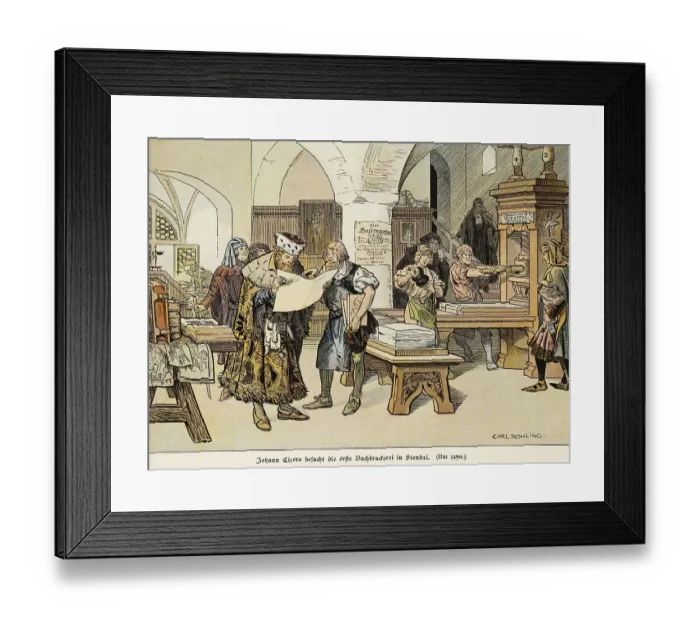 Framed Print : Johann Cicero, Visit to the first printing press in Stendal around 1490 Framed Print : Johann Cicero, Visit to the first printing press in Stendal around 1490