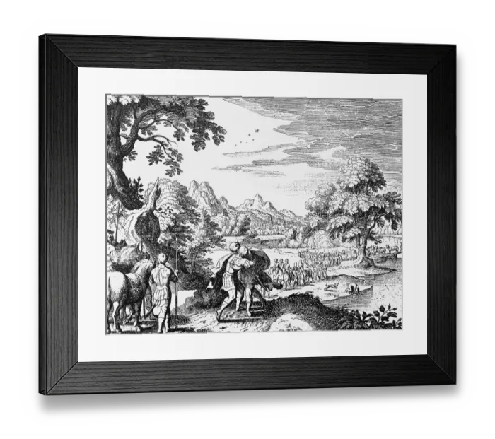 Framed Print : Jacob's reconciliation with Esau bible by Matthaeus sMerian