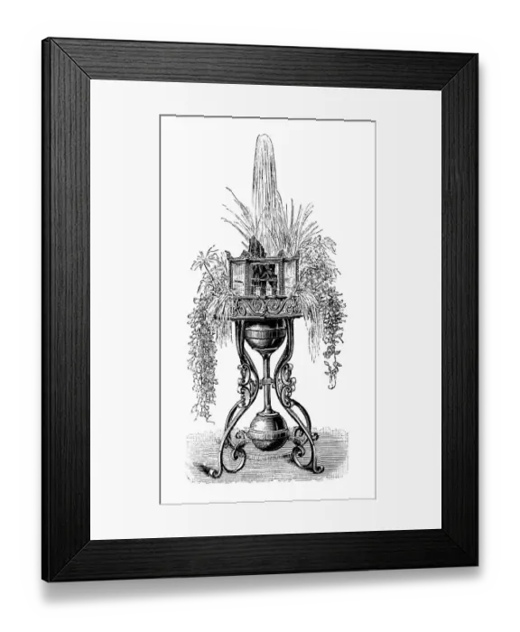 Framed Print : Flower table with an automatic fountain and an octagonal aquarium