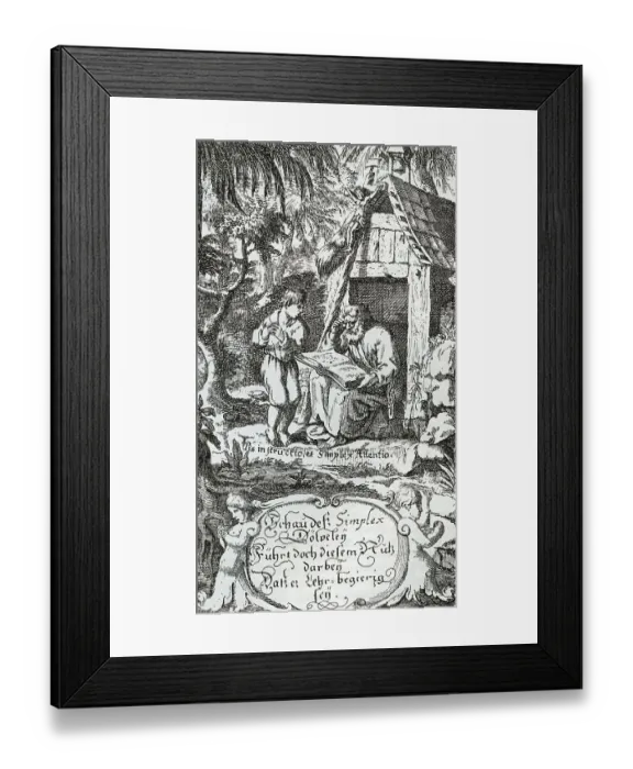 Framed Print : Simplicius and the Hermit, reproduction of a copperplate from Grimmelhausen's Simplicissimus