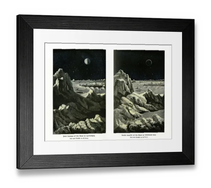 Framed Print : Ideal landscape on the moon at sunrise (left) and with the sun high