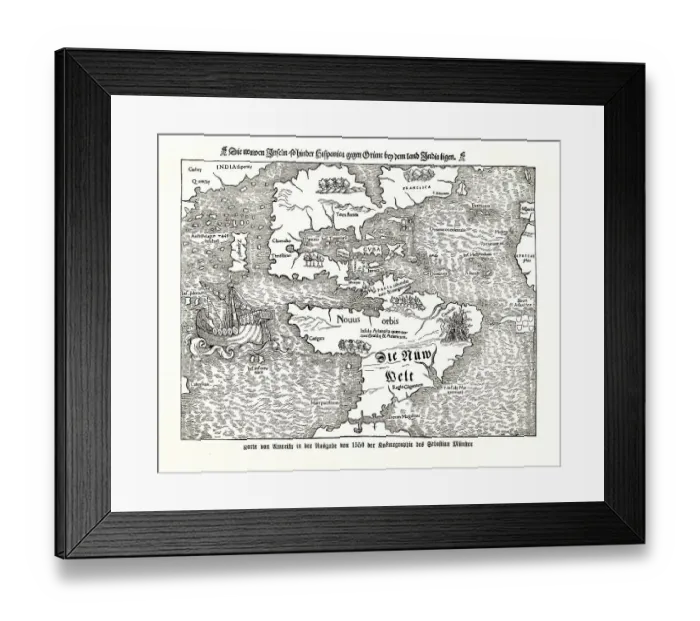 Framed Print : Historical map of America in the 1550 edition of the Cosmography of Sebastian Muenster