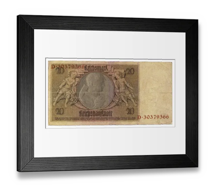 Framed Print : Back of banknote, Reichsbank, value 20 Reichmarks Framed Print : Back of banknote, Reichsbank, value 20 Reichmarks