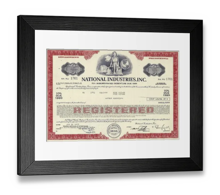 Framed Print : Historical share certificate, National Industries Inc Framed Print : Historical share certificate, National Industries Inc