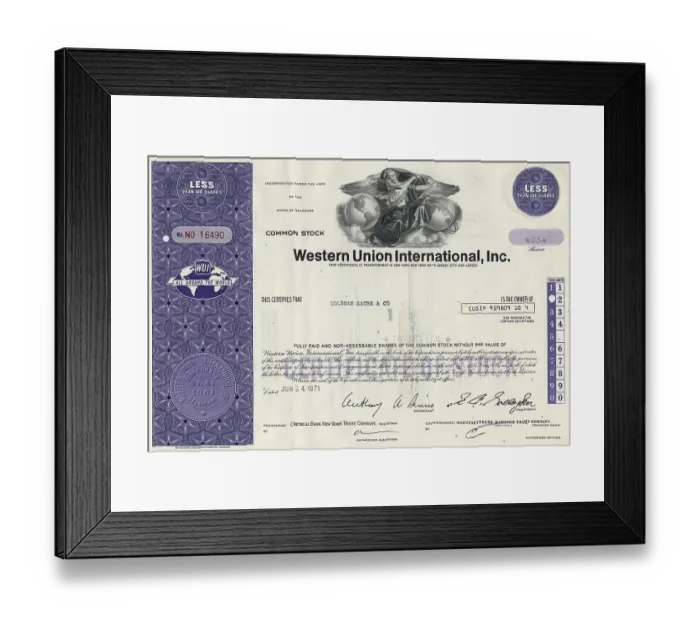 Framed Print : Historical share certificate, Western Union International