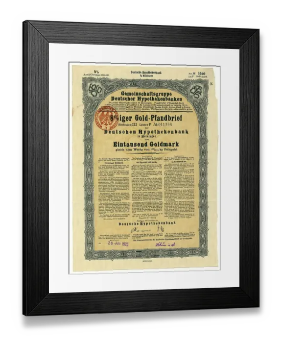 Framed Print : Historical share certificate, 8% Goldpfandbrief bond certificate of Deutsche Hypothekenbank