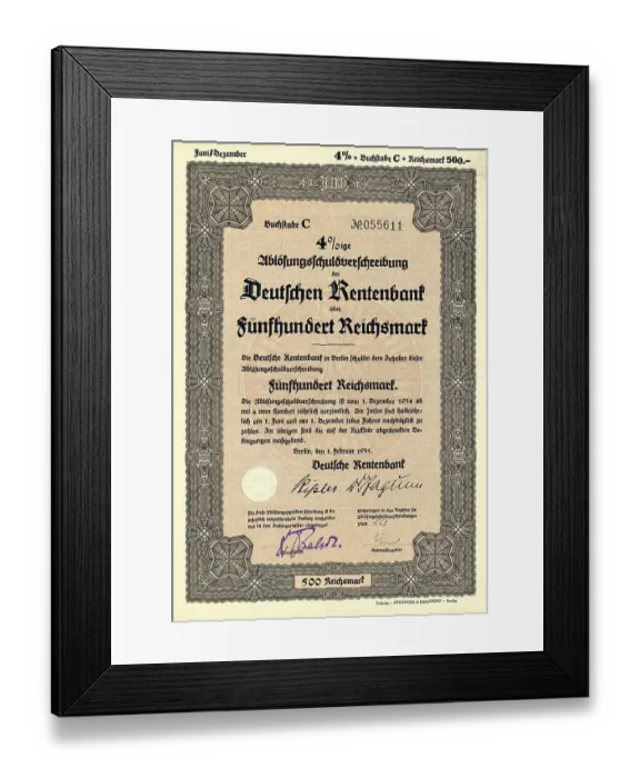 Framed Print : Historical share certificate, 4% obligation of Deutsche Rentenbank