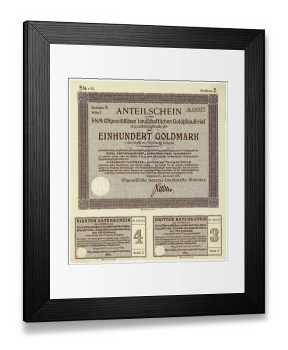Framed Print : Historical share certificate, Anteilschein Framed Print : Historical share certificate, Anteilschein