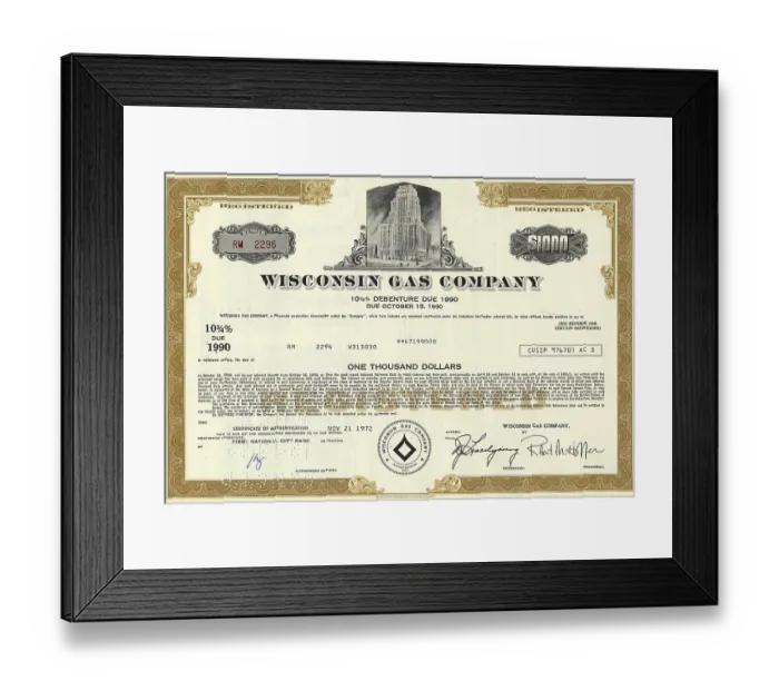Framed Print : Historical share certificate, Wisconsin Gas Company