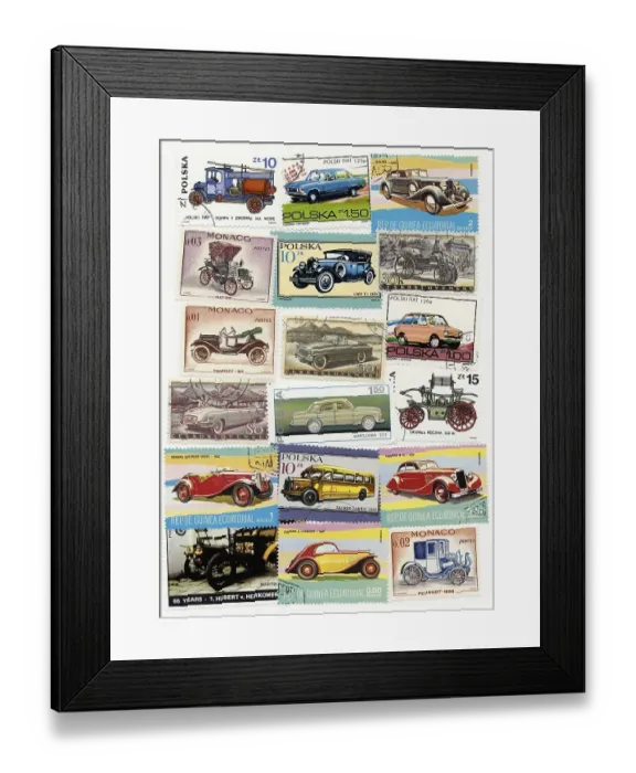 Framed Print : International postage stamps, vintage car motifs Framed Print : International postage stamps, vintage car motifs