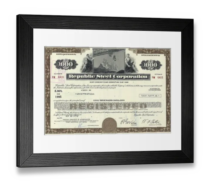 Framed Print : Historical share of Republic Steel Corporation