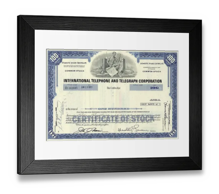 Framed Print : Historical share of International Telephone and Telegraph Corporation Framed Print : Historical share of International Telephone and Telegraph Corporation