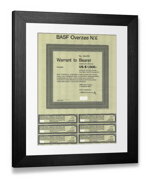Framed Print : Bearer warrants for shares of BASF Overzee NV Framed Print : Bearer warrants for shares of BASF Overzee NV