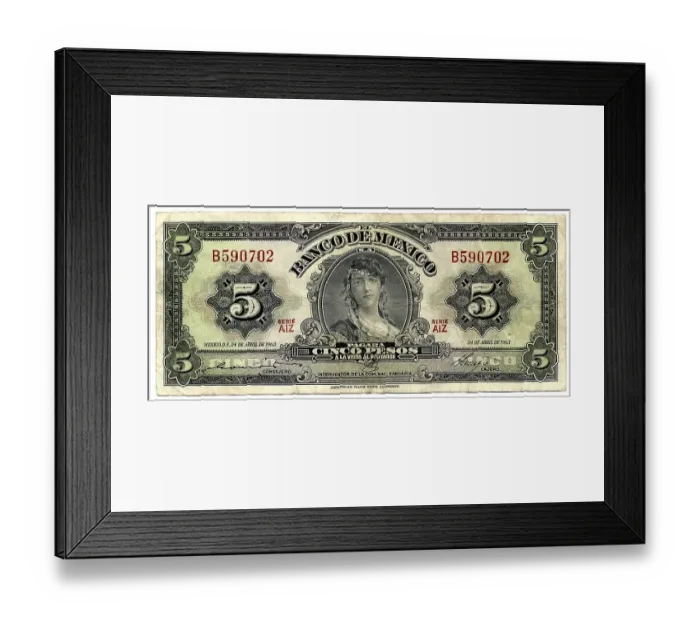 Framed Print : Historic banknote, 5 peso, Mexico