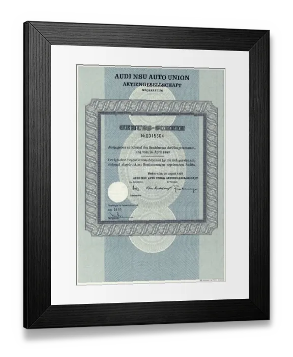 Framed Print : Historic share certificate, participation certificate of Audi NSU Auto Union Aktiengesellschaft