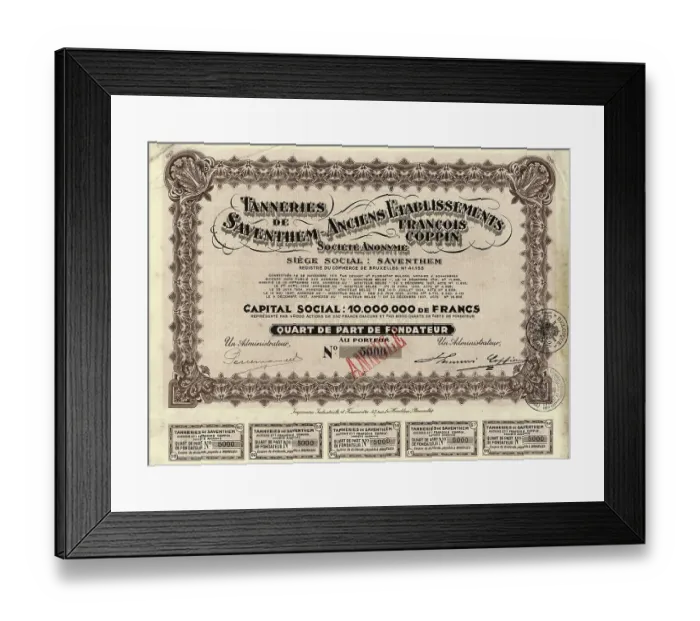 Framed Print : Historic share certificate, 250 Belgian francs Framed Print : Historic share certificate, 250 Belgian francs