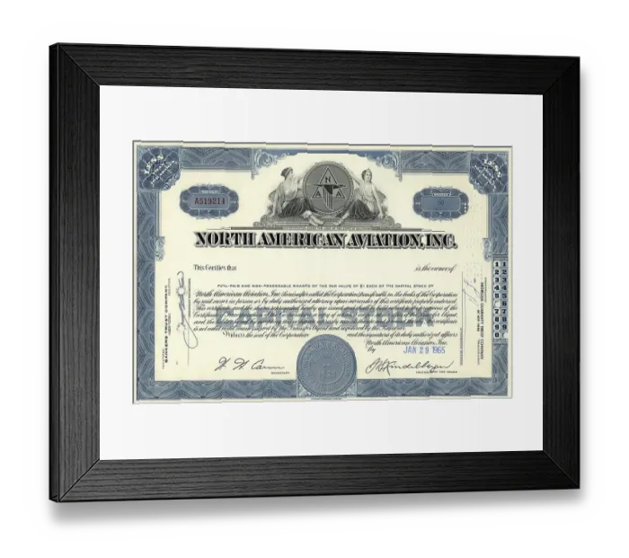 Framed Print : Historic share certificate, North American Aviation Inc