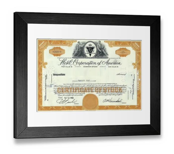 Framed Print : Historic share certificate, Hotel Corporation of America Framed Print : Historic share certificate, Hotel Corporation of America
