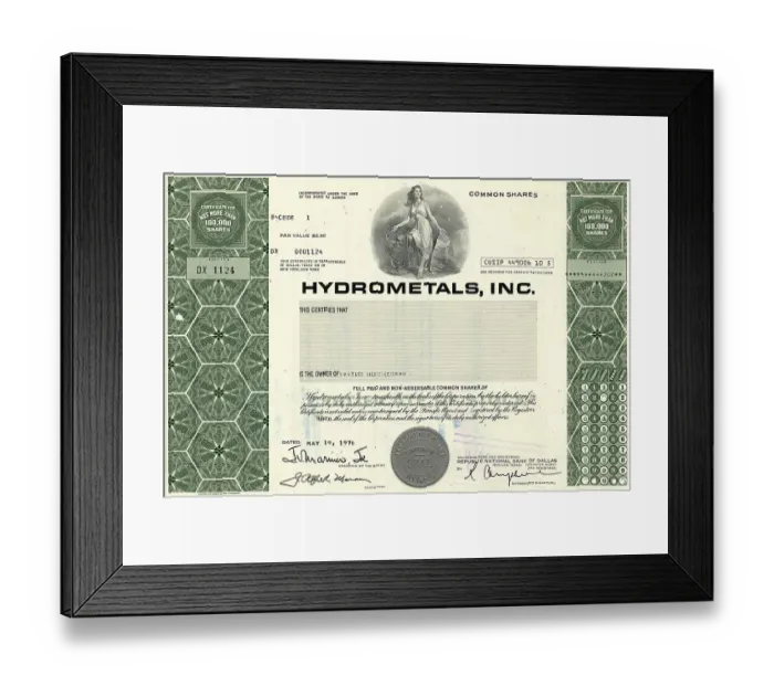 Framed Print : Historic share certificate, Hydrometals Inc Framed Print : Historic share certificate, Hydrometals Inc