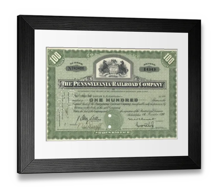 Framed Print : Historic share certificate, The Pennsylvana Railroad Company