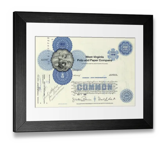 Framed Print : Historic share certificate, West Virginia Pulp and Paper Company